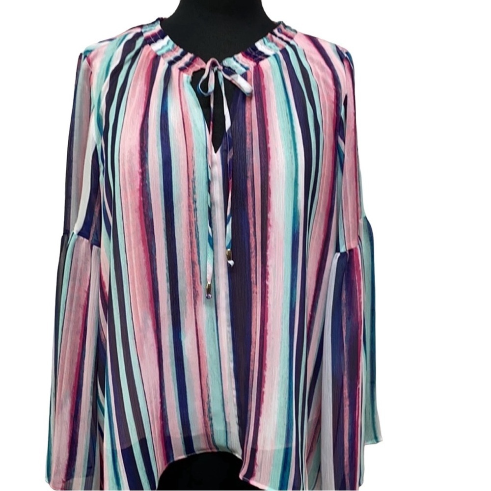 Jennifer Lopez Peasant Striped Trumpet Sleeves